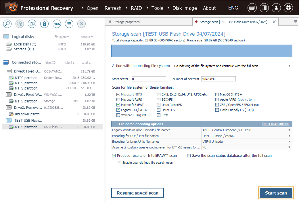 bitlocker partition scan configuration in ufs explorer professional recovery program interface