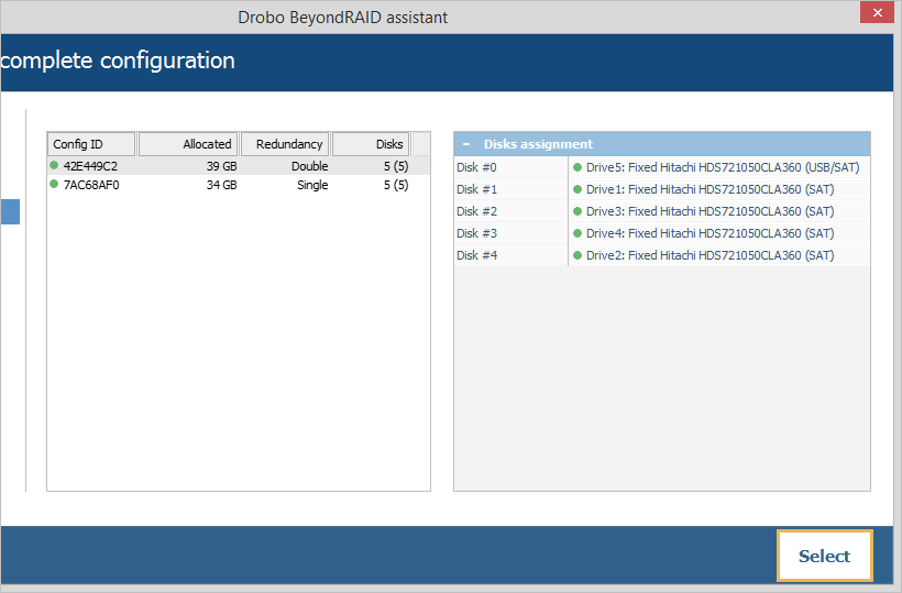 button to select required configuration in drobo beyondraid assistant of ufs explorer raid recovery program