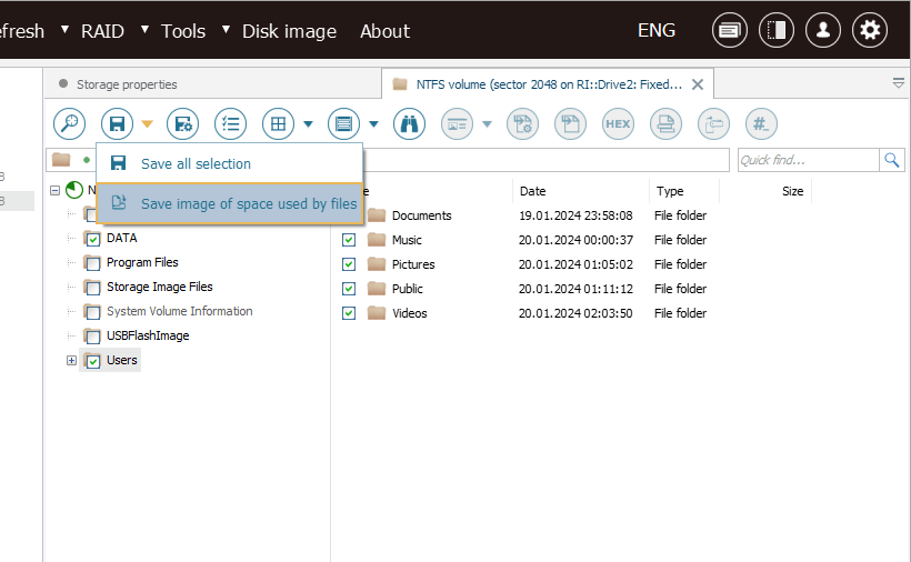 option save image of space used by files under save tool of top toolbar in ufs explorer professional recovery program