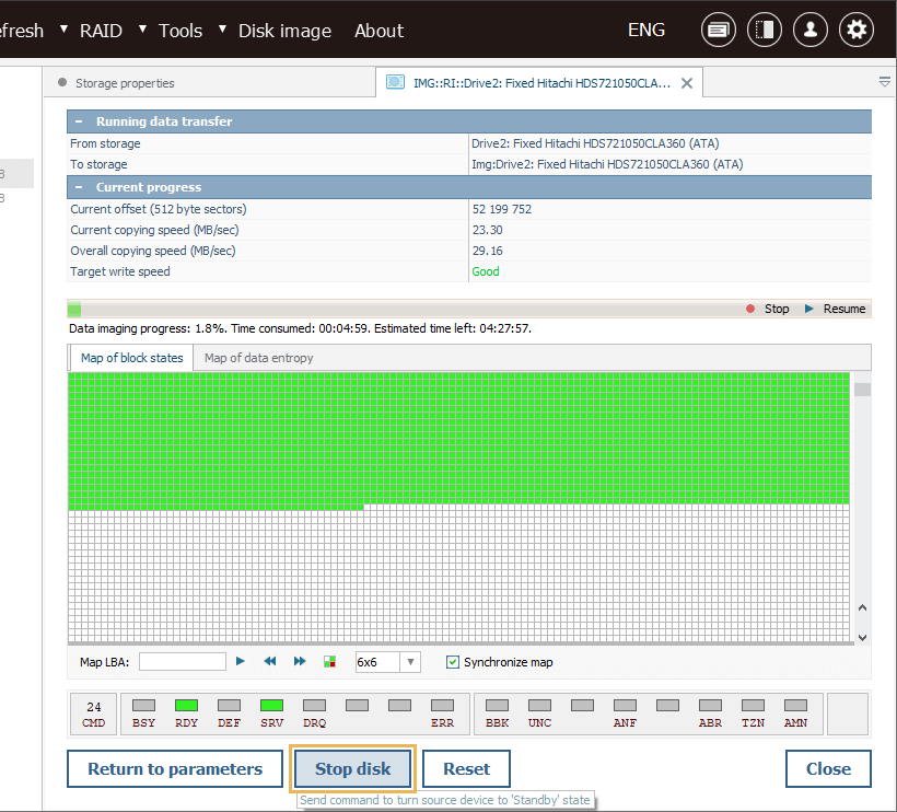 stop disk button of disk imaging window in ufs explorer professional recovery program