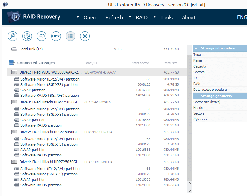 drives of 4-disk buffalo terastation and linkstation quad in list of connected storages in ufs explorer raid recovery 