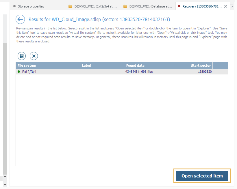 open selected item button to view scan result in explorer of ufs explorer professional recovery