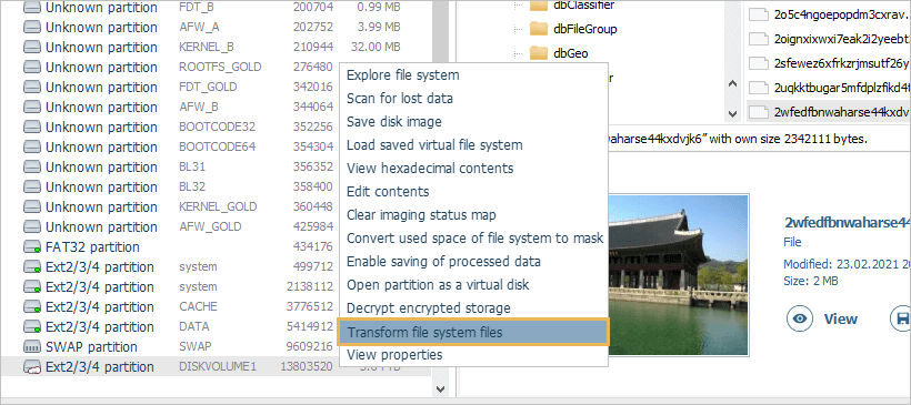 option transform file system files in partition context menu in ufs explorer professional recovery program 