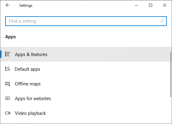 subsección de aplicaciones y características de sección de aplicaciones bajo configuración del menú de inicio de Windows