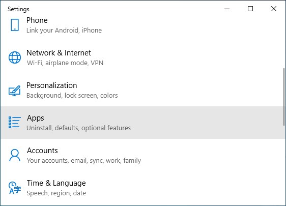 sección de aplicaciones bajo sección configuración del menú de inicio de Windows