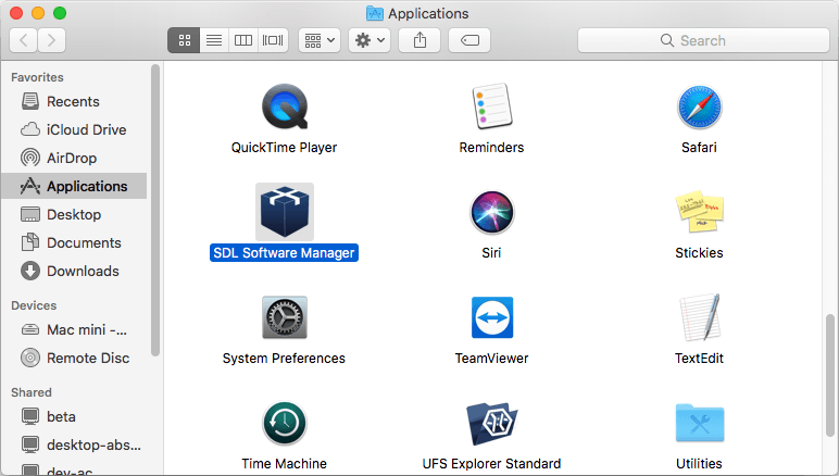 administrador de software sdl en sección de aplicaciones del menú ir del finder