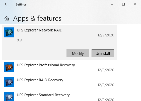 botón de desinstalación en subsección de aplicaciones y características de sección de aplicaciones bajo configuración del menú de inicio de Windows