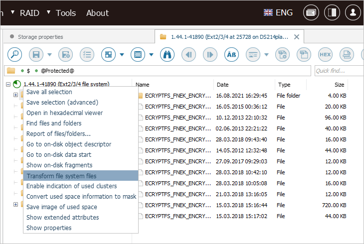 transform file system files function in ufs explorer professional recovery interface