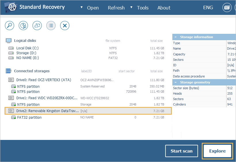 explore selected drive button in ufs explorer program interface