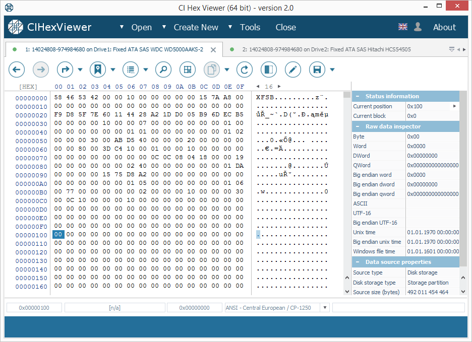 inicio del sistema de archivos xfs en el visor hexadecimal ci hex viewer