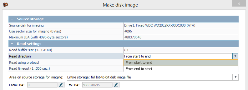 configuring reading direction for disk imaging in ufs explorer