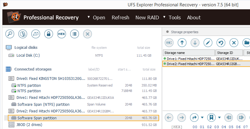 Volumen distribuido en UFS Explorer Professional Recovery