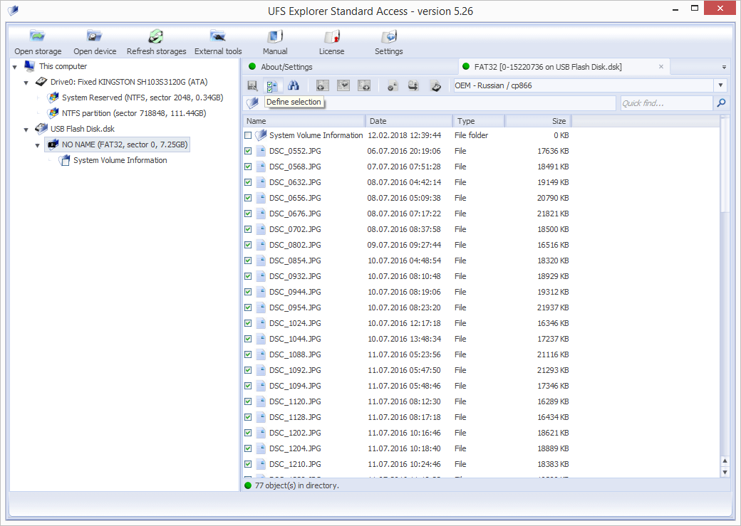 uso de opción de definición de selección en programa ufs explorer standard access