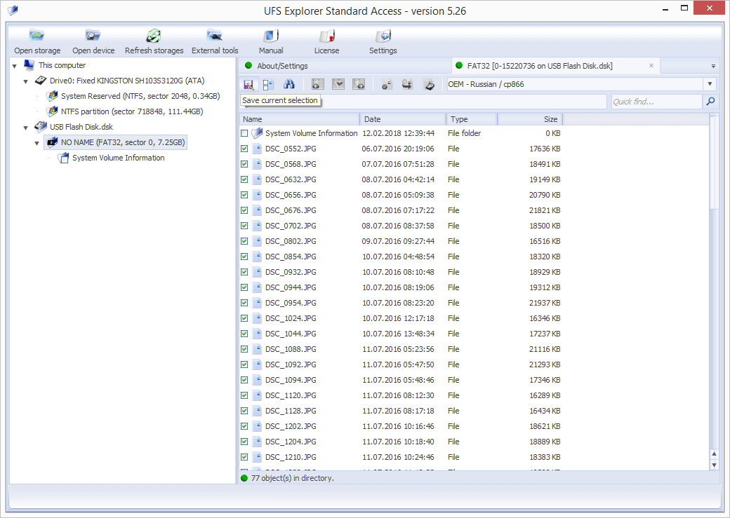 uso de opción guardar selección actual en programa ufs explorer standard access