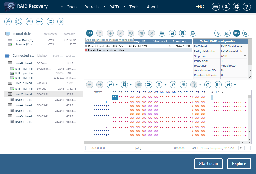 agregar marcador de posición en lugar de componente faltante en raid builder del programa ufs explorer raid recovery