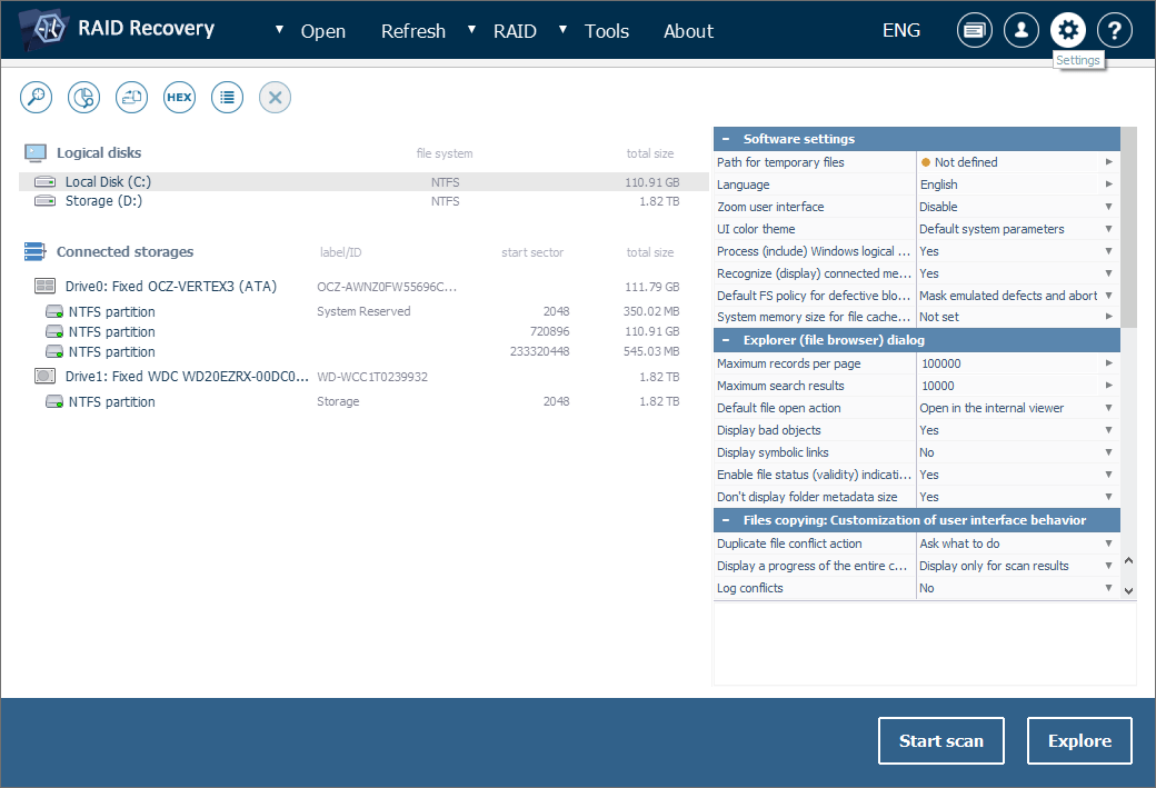 ajustar configuración del programa ufs explorer raid recovery