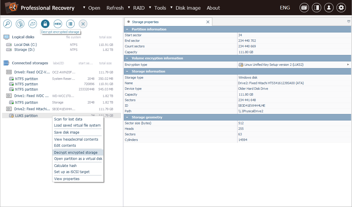 decrypt encrypted storage option in ufs explorer professional