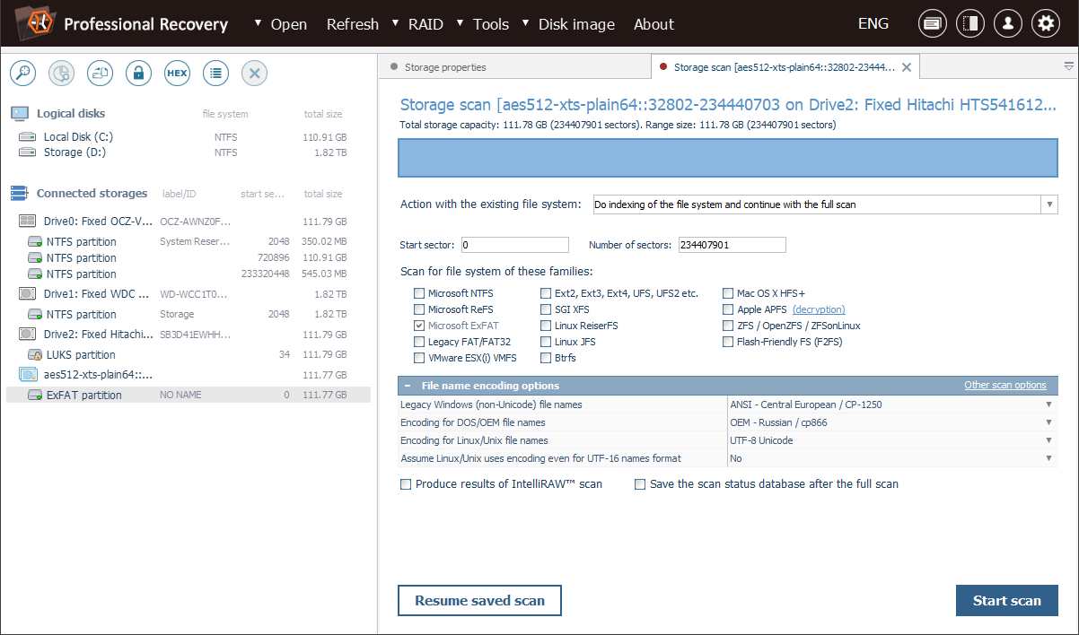 set parameters for decrypted storage volume scanning in ufs explorer professional