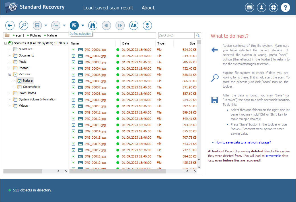 selecting recovered files to save with define selection tool in ufs explorer