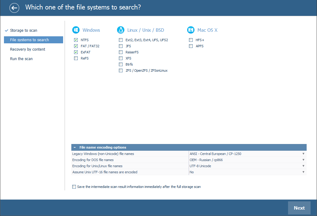 selecting file systems to scan in ufs explorer