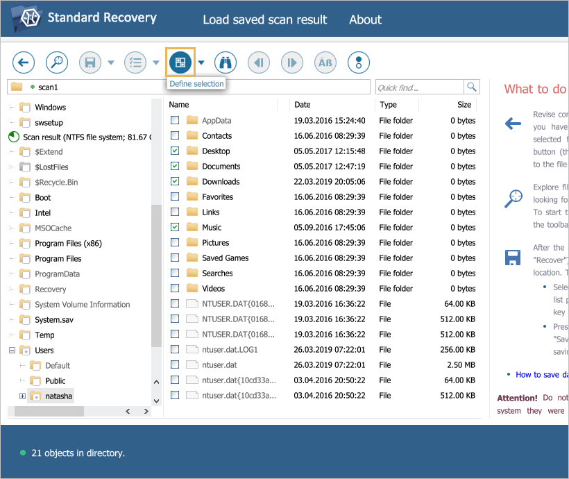 seleccionar varios ficheros y carpetas a guardar en ufs explorer standard recovery