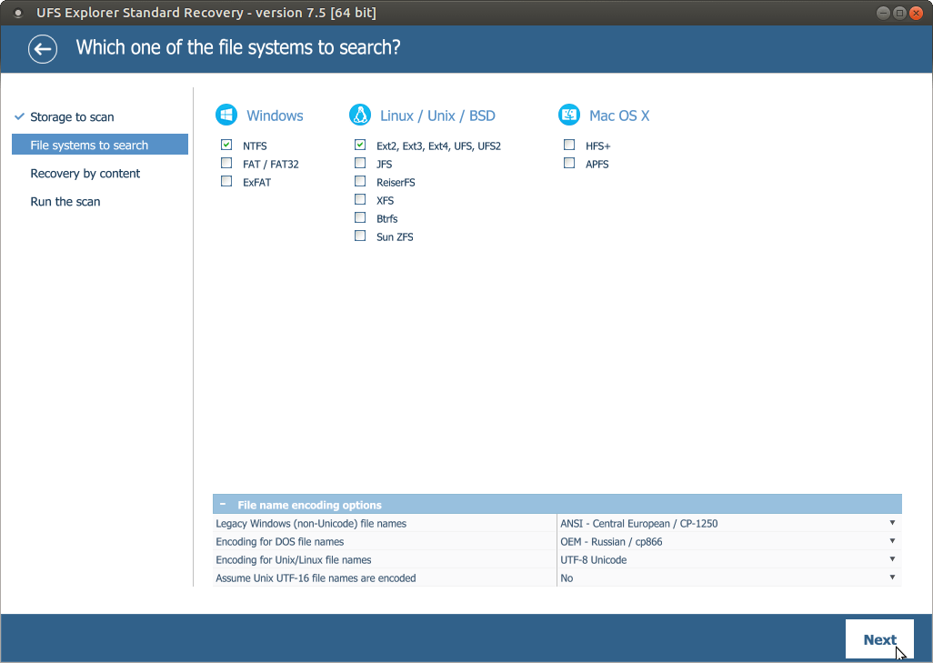 configurar parámetros de escaneo en ufs explorer standard recovery