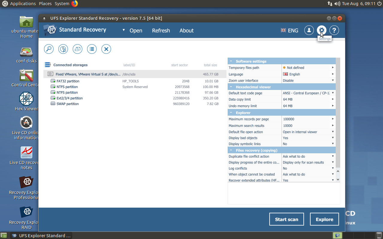 panel de configuración de programa en ufs explorer standard recovery