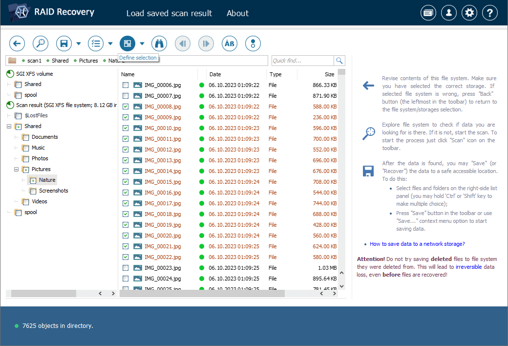 select recovered raid files with ufs explorer define selection tool