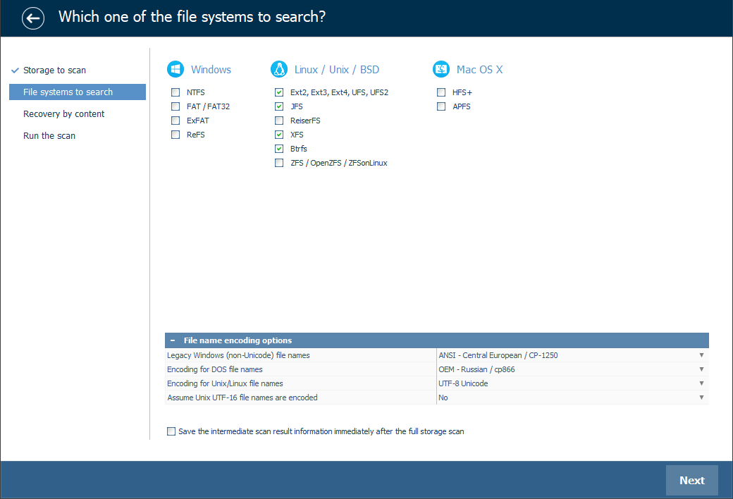 set parameters for selected raid partition scanning in ufs explorer