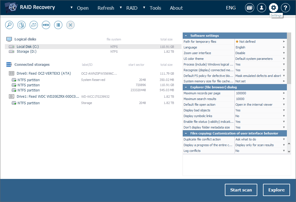 modificar configuración del programa ufs explorer raid recovery