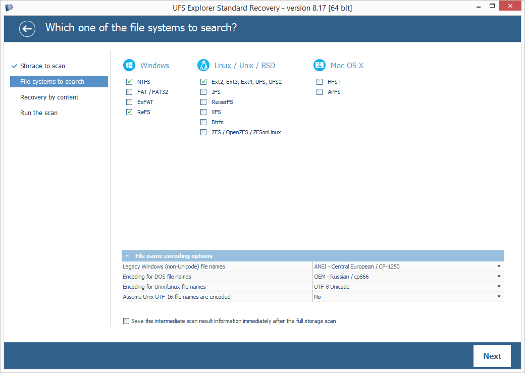 specify scanning parameters in ufs explorer standard recovery