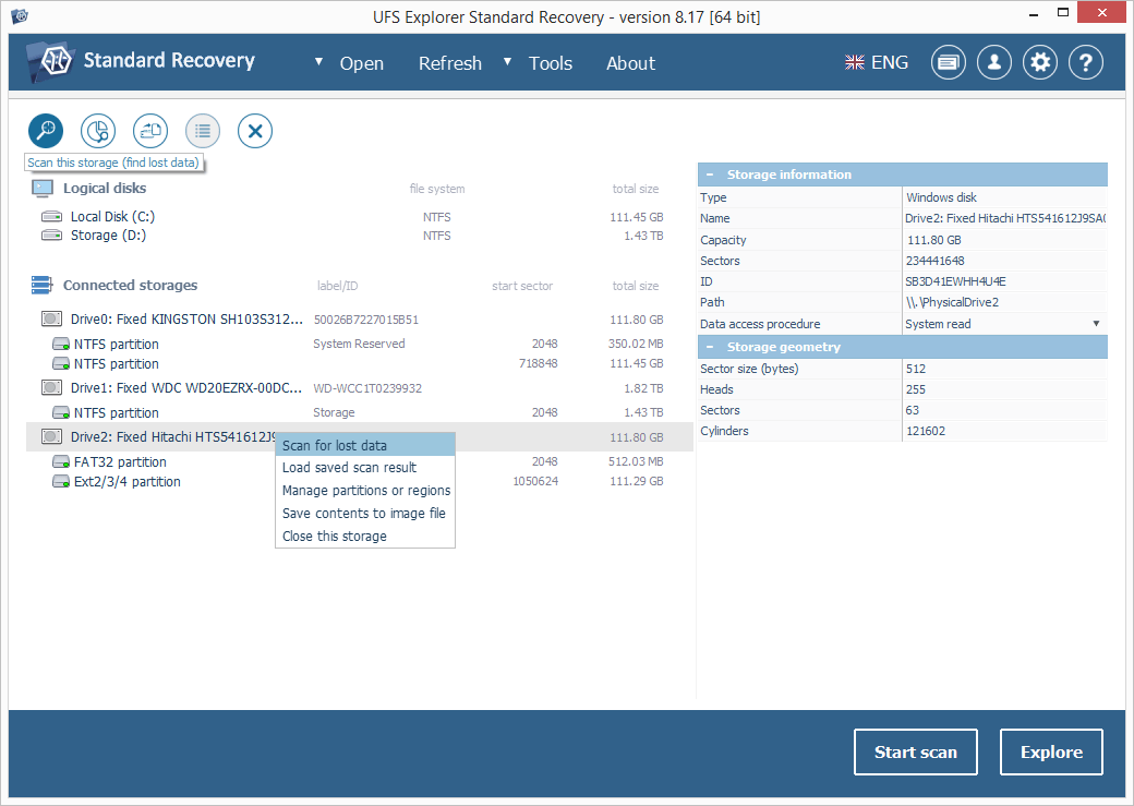 three options to start selected drive scanning in ufs explorer standard recovery