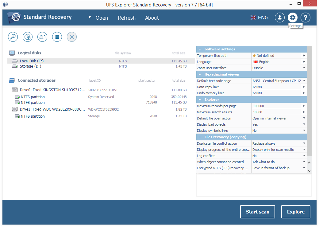 panel de configuración de software en interfaz de ufs explorer