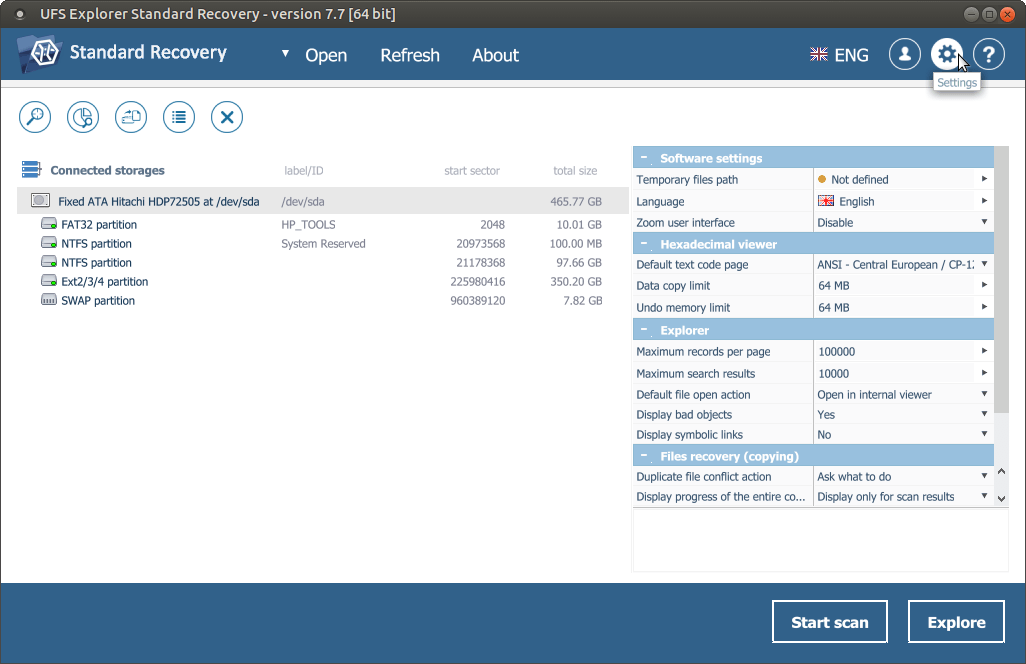 panel de configuración en programa ufs explorer standard recovery