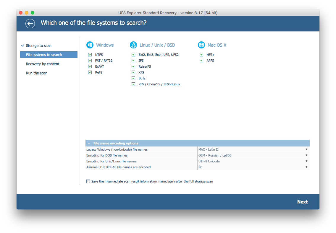 configuración de parámetros de escaneo en ufs explorer standard recovery