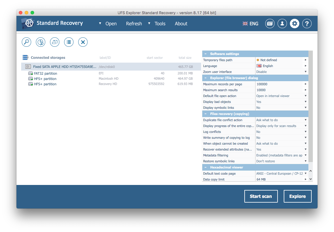 ajustes de programa en panel de configuración en ufs explorer standard recovery