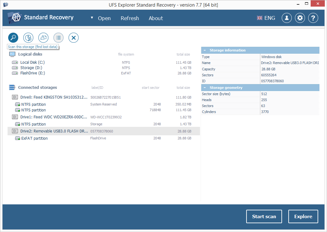 botones de inicio de escaneo en programa ufs explorer standard recovery