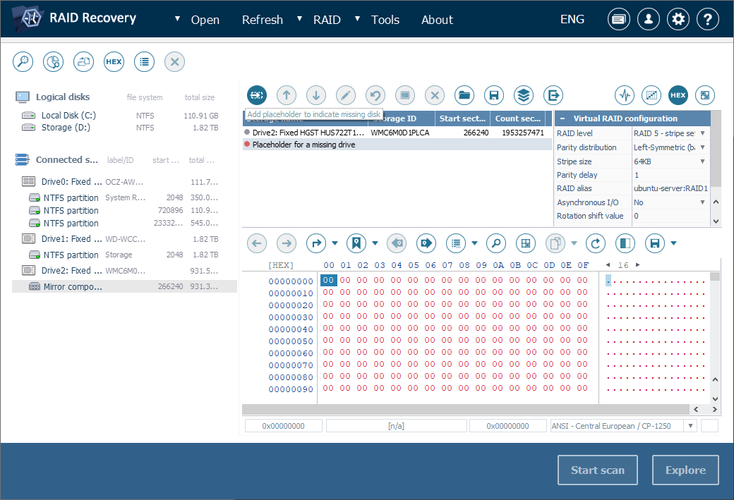 agregar marcador de posición en lugar de componente faltante de raid a raid builder de ufs explorer raid recovery