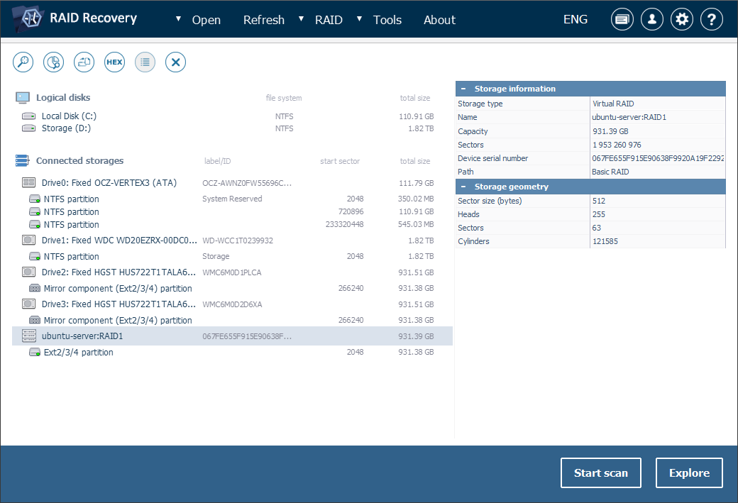 encontrar matriz raid ensamblada automáticamente en programa ufs explorer raid recovery