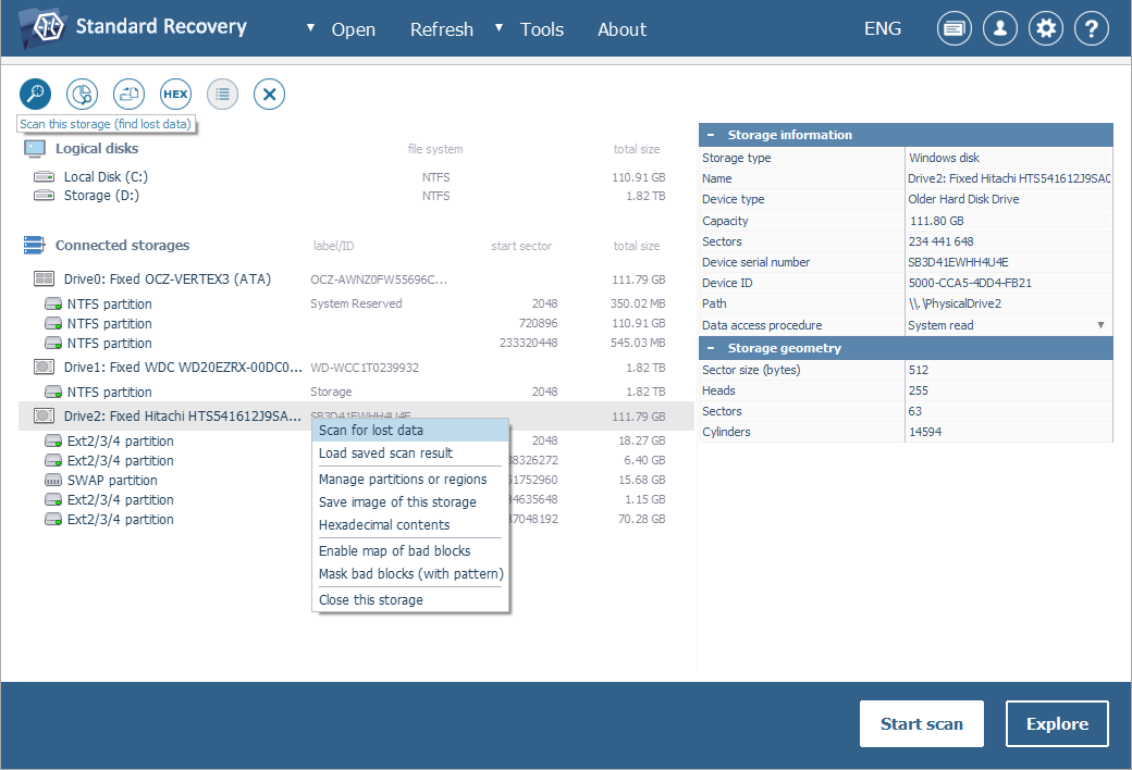 tres opciones para iniciar escaneo de partición de sistema en ufs explorer