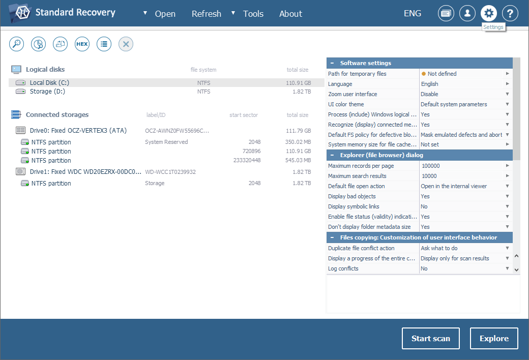 modificar configuración del programa ufs explorer standard recovery