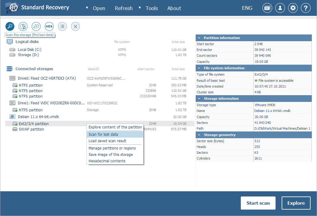 tres formas de iniciar escaneo de volumen de almacenamiento virtual abierto en ufs explorer