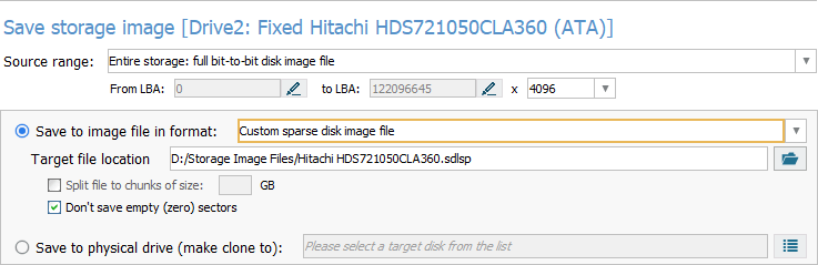 custom sparse disk image file parameter in disk imaging configuration window in ufs explorer program