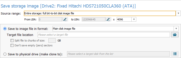 entire storage set as source range in disk imaging configuration window in ufs explorer program
