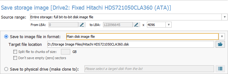 plain disk image file parameter in disk imaging configuration window in ufs explorer program
