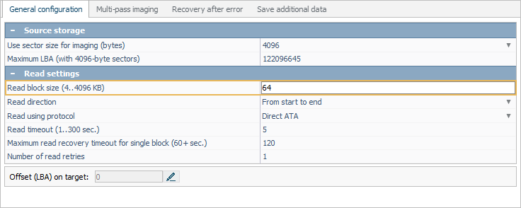 read block size parameter in disk imaging configuration window in ufs explorer program