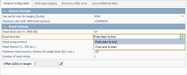 read direction parameter in disk imaging configuration window in ufs explorer program