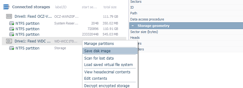 save disk image option in storage device context menu in ufs explorer program