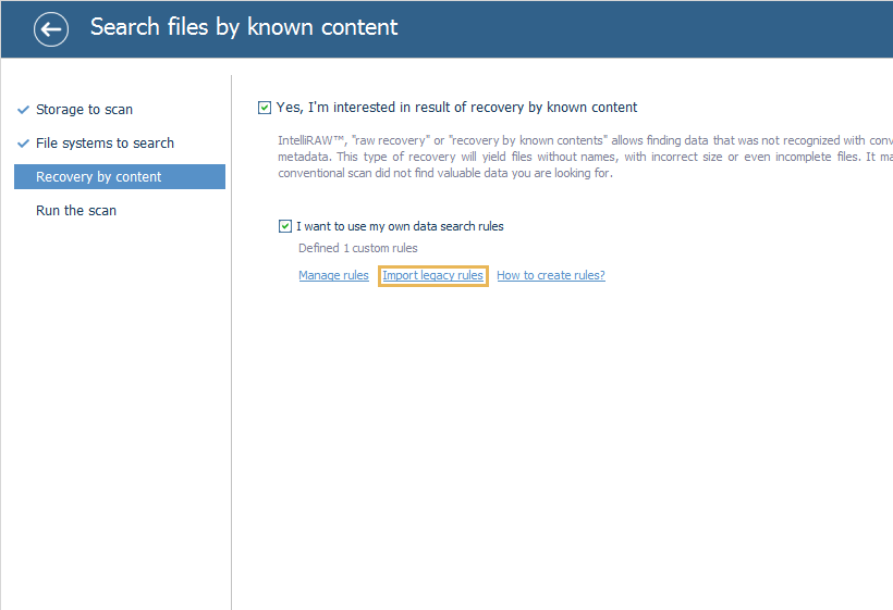 function to import legacy rules on step 3 of storage scan configuration in ufs explorer interface