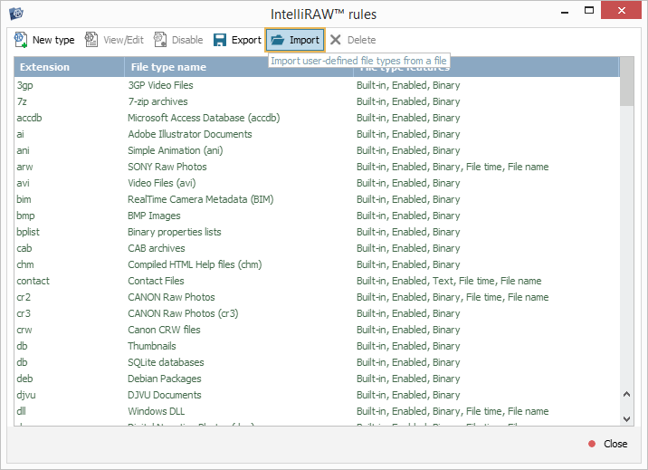 function to import xml file with user defined file types in ufs explorer intelliraw rules editor